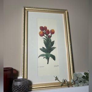 Vintage gold framed floral, red and orange floral, matted 16x9 inside 4.5x12.5